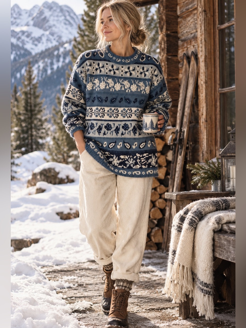Headliners Vintage Blue M Rabbit Fair Isle Nordic Folk Oversized Sweater